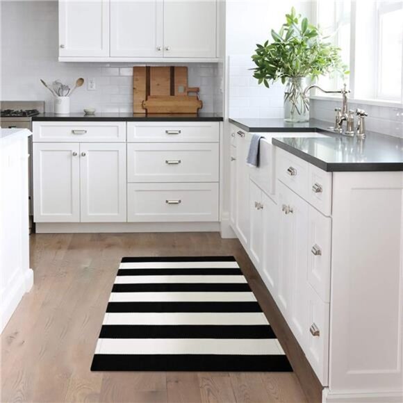 Black and White Area Rug 27.5x43 Inches Striped Front Door Rug Cotton Washable - Picture 6 of 7